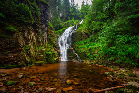 A beautiful Kamienczyka waterfall in the Karkonosze Mountains, Polandの写真素材