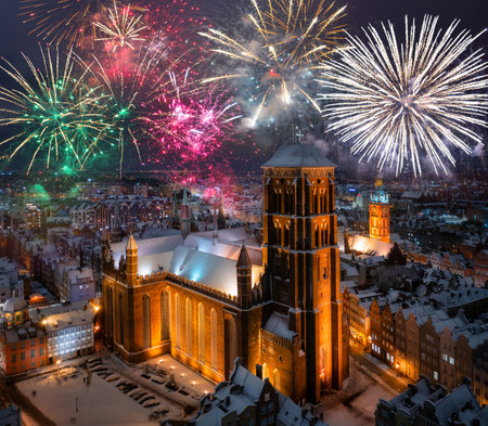 New Year fireworks display over the main town of Gdansk. Polandの写真素材