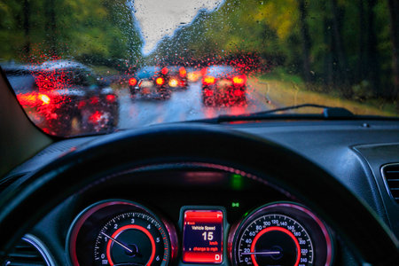 Autumn traffic jams on the road seen through the car windshieldの写真素材