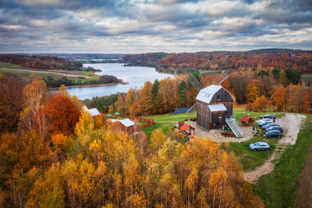 Autumnal landscape of Kashubian windmill, lakes and forests, Polandの写真素材