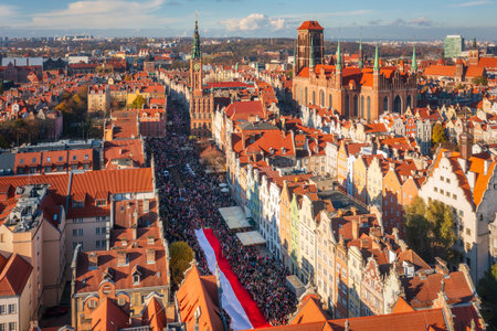 Aerial view of Main town in Gdansk during independence day celebrations in Poland at November 11.の写真素材