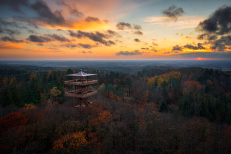 Beautiful landscape of Kashubia in autumn with the observation tower in Wiezyca, Polandの写真素材