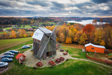 Autumnal landscape of Kashubian windmill, lakes and forests, Polandの写真素材