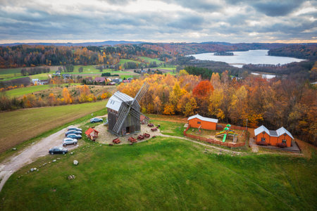 Autumnal landscape of Kashubian windmill, lakes and forests, Polandの写真素材