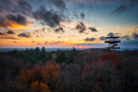 Beautiful landscape of Kashubia in autumn with the observation tower in Wiezyca, Polandの写真素材