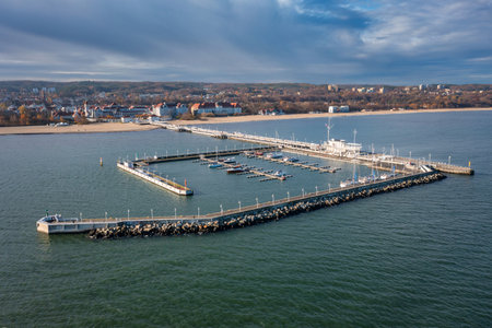 Aerial view of the Baltic sea coastline and wooden pier in Sopot at autumn, Polandの写真素材