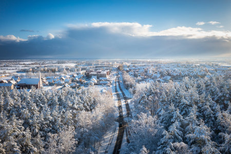 Aerial landscape of the road through snowy forest at winter, Poland.の写真素材
