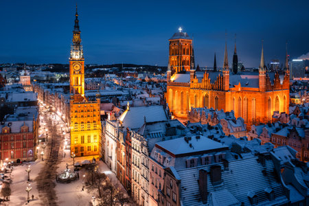 Aerial view of the beautiful main city in Gdansk at winter, Polandの写真素材
