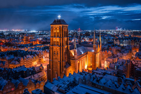 Aerial view of the beautiful main city in Gdansk at winter, Polandの写真素材