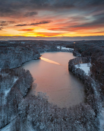 Aerial landscape of the Przywidz lake at winter, Polandの写真素材