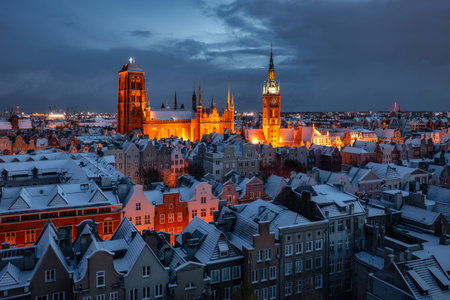 Aerial view of the beautiful main city in Gdansk at winter, Polandの写真素材