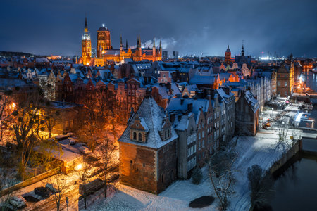 Aerial view of the beautiful main city in Gdansk at winter, Polandの写真素材