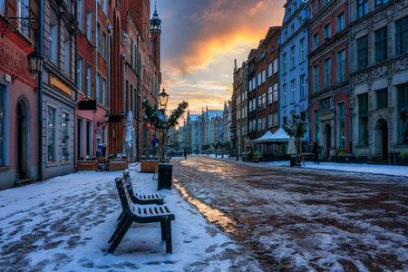 Sunrise in the historic center of Gdansk in winter, Poland.の写真素材
