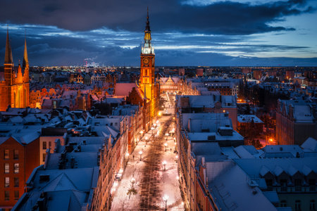 Aerial view of the beautiful main city in Gdansk at winter, Polandの写真素材