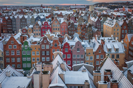 Aerial view of the beautiful main city in Gdansk at winter, Polandの写真素材