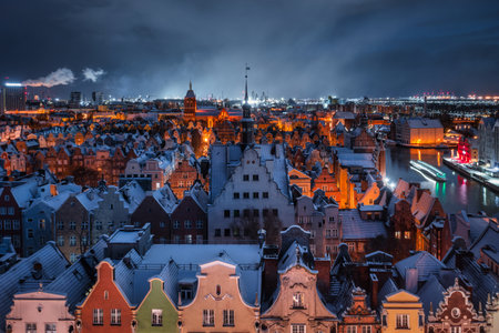 Aerial view of the beautiful main city in Gdansk at winter, Polandの写真素材