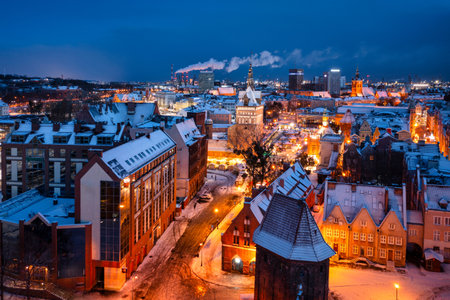 Aerial view of the beautiful main city in Gdansk at winter, Polandの写真素材