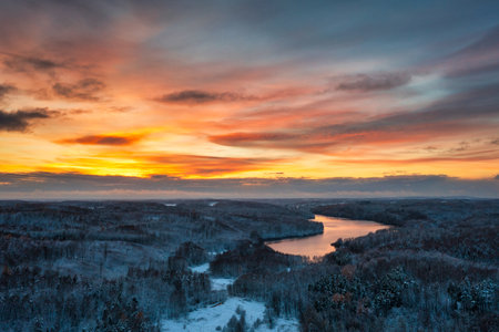 Aerial landscape of the Przywidz lake at winter, Polandの写真素材