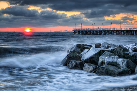 Winter landscape of Baltic Sea coast in Gdynia OrÅowo at sunrise, Baltic Sea. Polandの写真素材