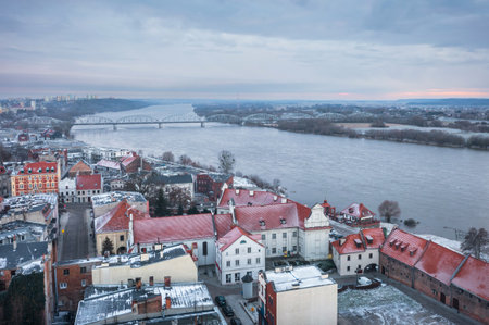 Granaries of Grudziadz city by the Vistula river at snowy winter. Polandの写真素材