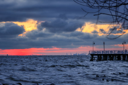 Winter landscape of Baltic Sea coast in Gdynia OrÅowo at sunrise, Baltic Sea. Polandの写真素材