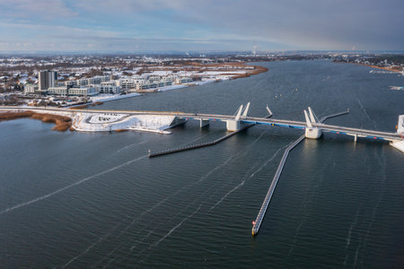 Drawbridge to Sobieszewo Island on the Martwa Wisla river at winter. Polandの写真素材