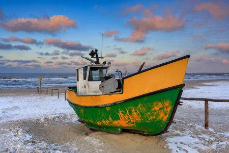 Fishing boats on the Baltic Sea beach in Jantar at winter. Polandの写真素材