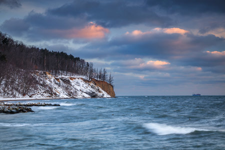 Winter landscape of Baltic Sea coast in Gdynia OrÅowo at sunrise, Baltic Sea. Polandの写真素材