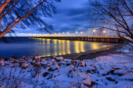 Winter landscape of Baltic Sea coast in Gdynia OrÅowo at sunrise, Baltic Sea. Polandの写真素材