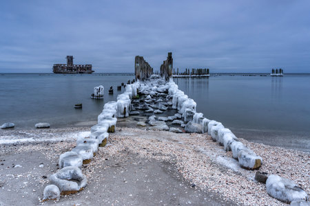 Frozen Baltic Sea beach in Babie DoÅy at sunset, Gdynia. Polandの写真素材