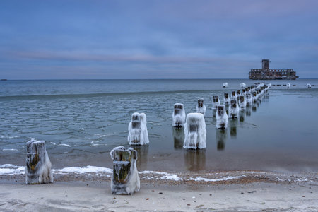 Frozen Baltic Sea beach in Babie DoÅy at sunset, Gdynia. Polandの写真素材