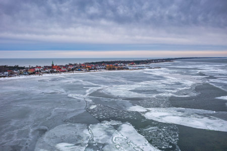 Frozen Bay of Puck near Kuznica at sunset, Hel Peninsula. Polandの写真素材