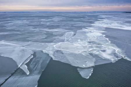 Frozen Bay of Puck near Kuznica at sunset, Hel Peninsula. Polandの写真素材