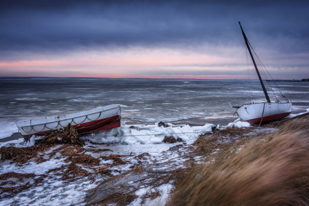 Baltic sea beach at winter in Kuznica, Hel Peninsula. Polandの写真素材