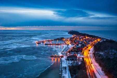 Frozen port in KuÅºnica by the Baltic Sea at dusk, Hel Peninsula. Polandの写真素材