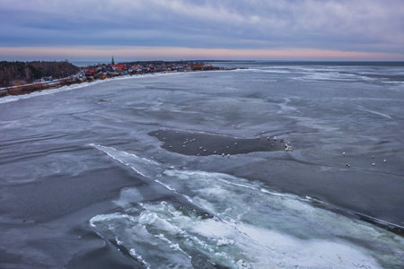 Frozen Bay of Puck near Kuznica at sunset, Hel Peninsula. Polandの写真素材