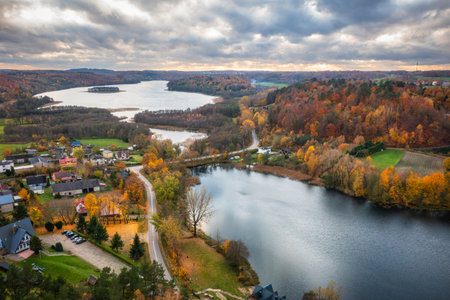 Autumnal landscape of Kashubian lakes and forests, Polandの写真素材