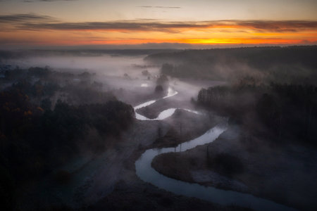 Radunia River meanders at sunrise, Kashubia. Polandの写真素材