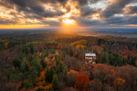 Beautiful landscape of Kashubia in autumn with the observation tower in Wiezyca, Polandの写真素材