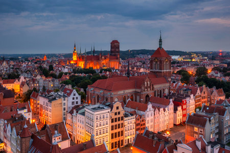 Aerial landscape of the Granaries island by the Motlawa river in Gdansk, Poland.の写真素材
