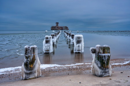 Frozen Baltic Sea beach in Babie DoÅy at sunset, Gdynia. Polandの写真素材