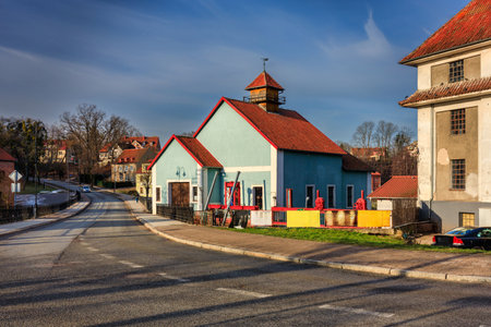 Street in Lidzbark Warminski before sunset, Poland.の写真素材