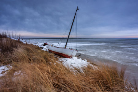 Baltic sea beach at winter in Kuznica, Hel Peninsula. Polandの写真素材