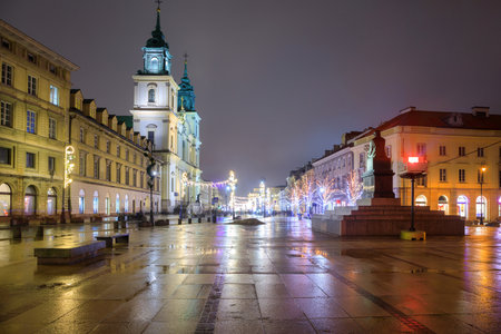 Beautiful architecture of the Royal Route with Christmas illuminations in Warsaw. Polandの写真素材