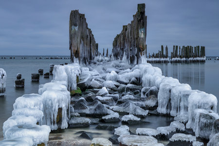 Frozen Baltic Sea beach in Babie DoÅy at sunset, Gdynia. Polandの写真素材