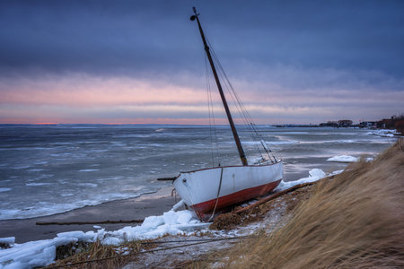 Baltic sea beach at winter in Kuznica, Hel Peninsula. Polandの写真素材