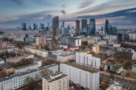 Modern cityscape of Warsaw at sunset, capital city of Poland.の写真素材