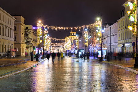 Beautiful architecture of the Royal Route with Christmas illuminations in Warsaw. Polandの写真素材