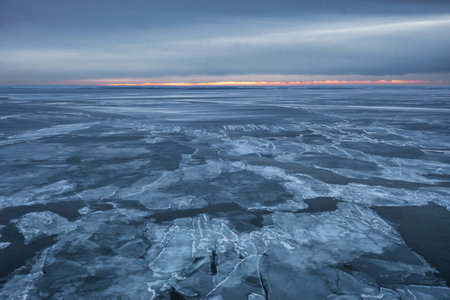 Frozen Bay of Puck near Kuznica at sunset, Hel Peninsula. Polandの写真素材