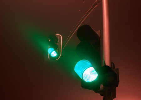 Traffic lights with green light during a foggy night.の写真素材